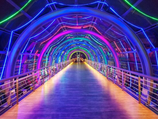 colored led lights arched over path